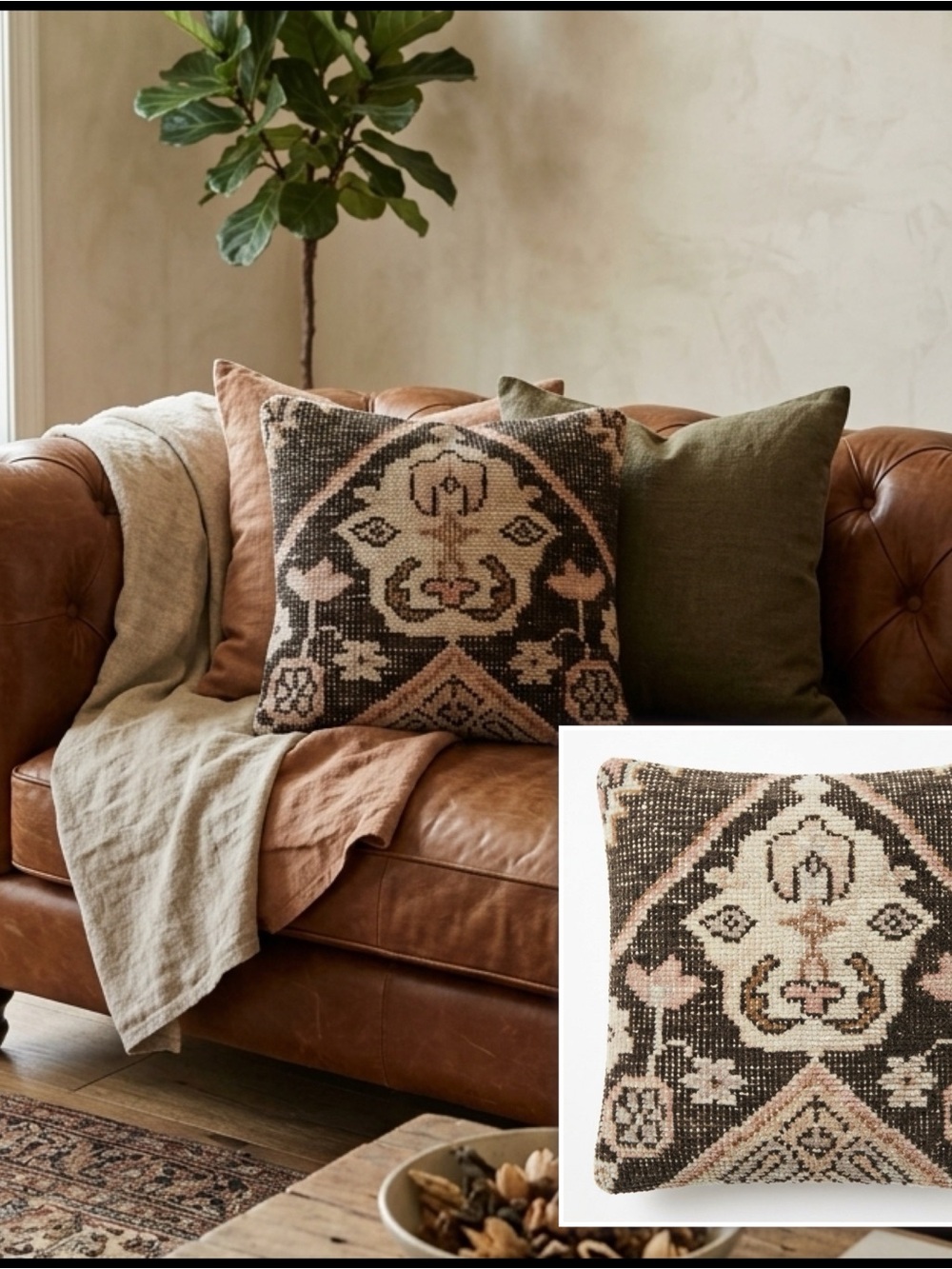 Pottery Barn Kilim Wool Throw Pillow Cover Southwestern Geometric Pink Charcoal